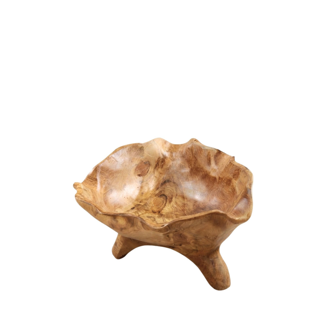 Lily teak pot handcrafted from solid teak wood with an organic bowl shape.