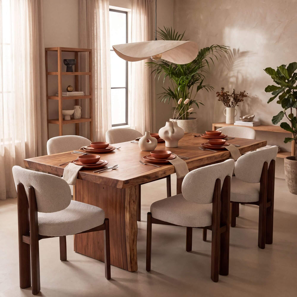 Lina dining chairs styled around a wooden dining table in a warm Mediterranean-inspired interior