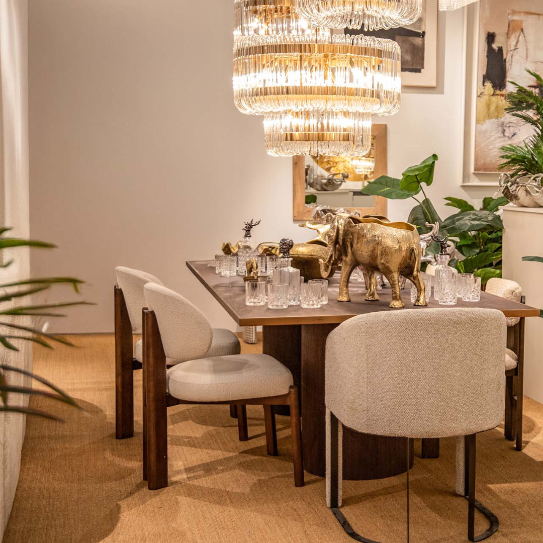 Lina dining chair in oak and chenille styled in modern dining room
