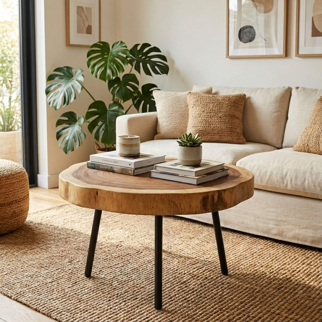 Living room with a Lio suar wood side table, beige sofa, and decorative elements.