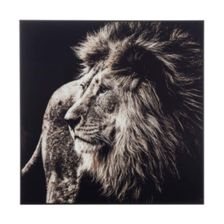Full view of Lion B&W Painting featuring a majestic black and white lion portrait on glass.