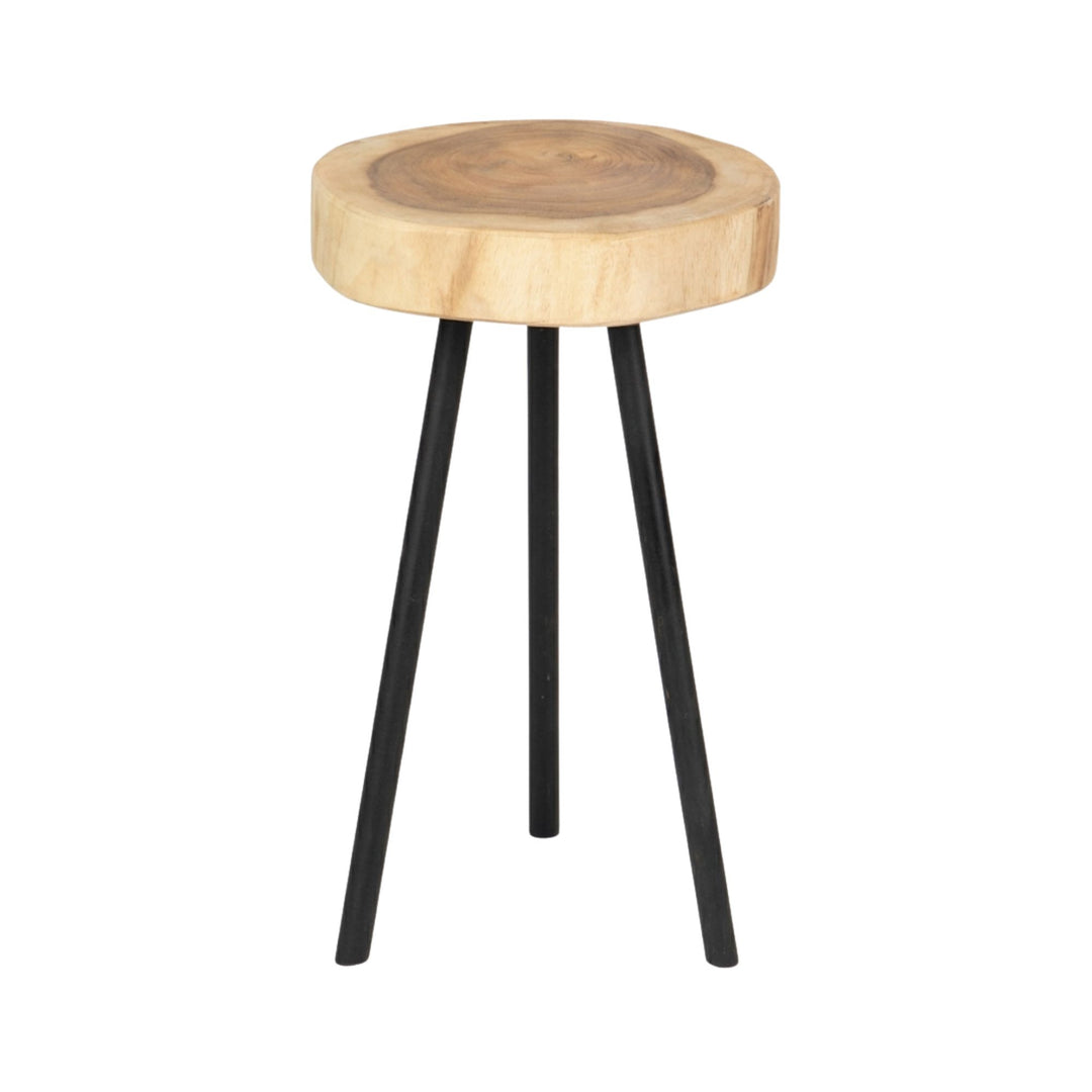 Front view of the Lio coffee table featuring a solid suar wood round top and black metal legs.