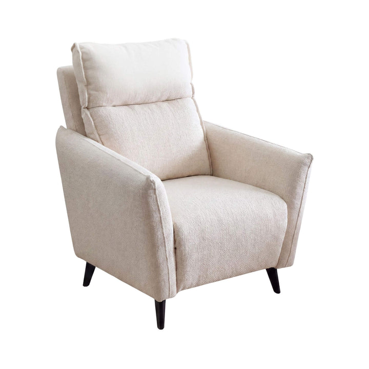 Front angled view of the Livorno armchair showing its soft natural upholstery, high backrest, and padded seat.