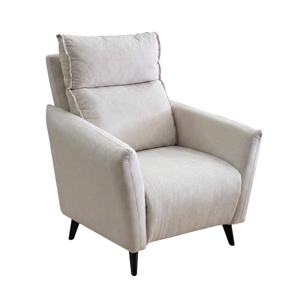 Front view of the Livorno armchair highlighting its supportive back cushions, shaped arms, and neutral fabric finish.