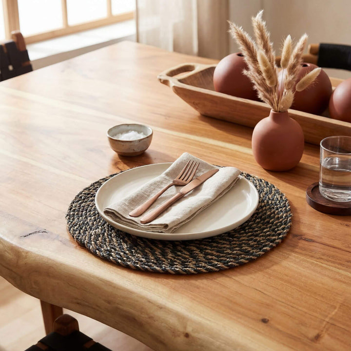 Dining table setting featuring the Lombok woven mat under ceramic tableware.