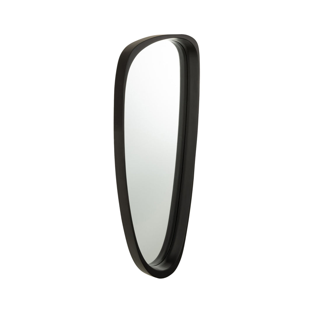 Front view of the London black mirror with organic asymmetrical shape and mango wood frame.