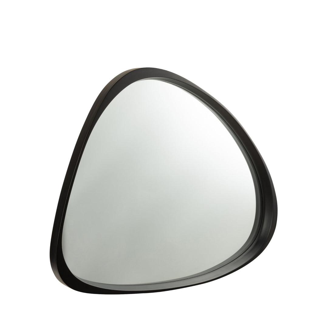 Front view of the London black mirror with organic asymmetrical shape and mango wood frame.