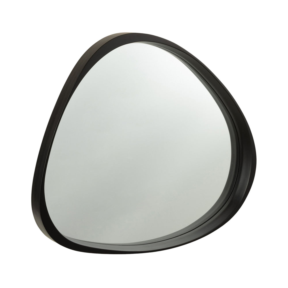 Front view of the London black mirror with organic asymmetrical shape and mango wood frame.