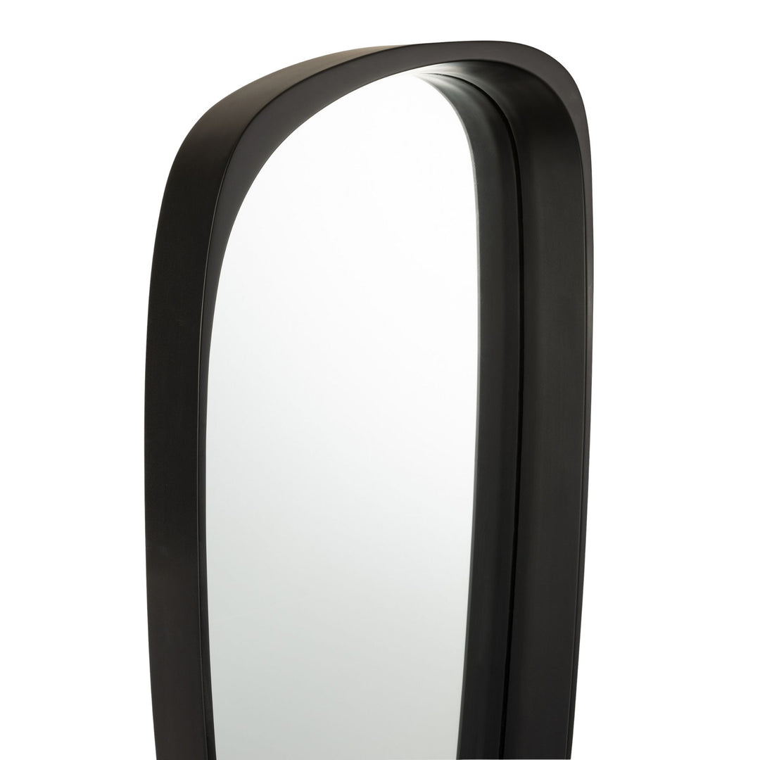 Close-up detail of the smooth black wood frame and glass edge.