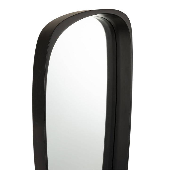 Close-up detail of the smooth black wood frame and glass edge.