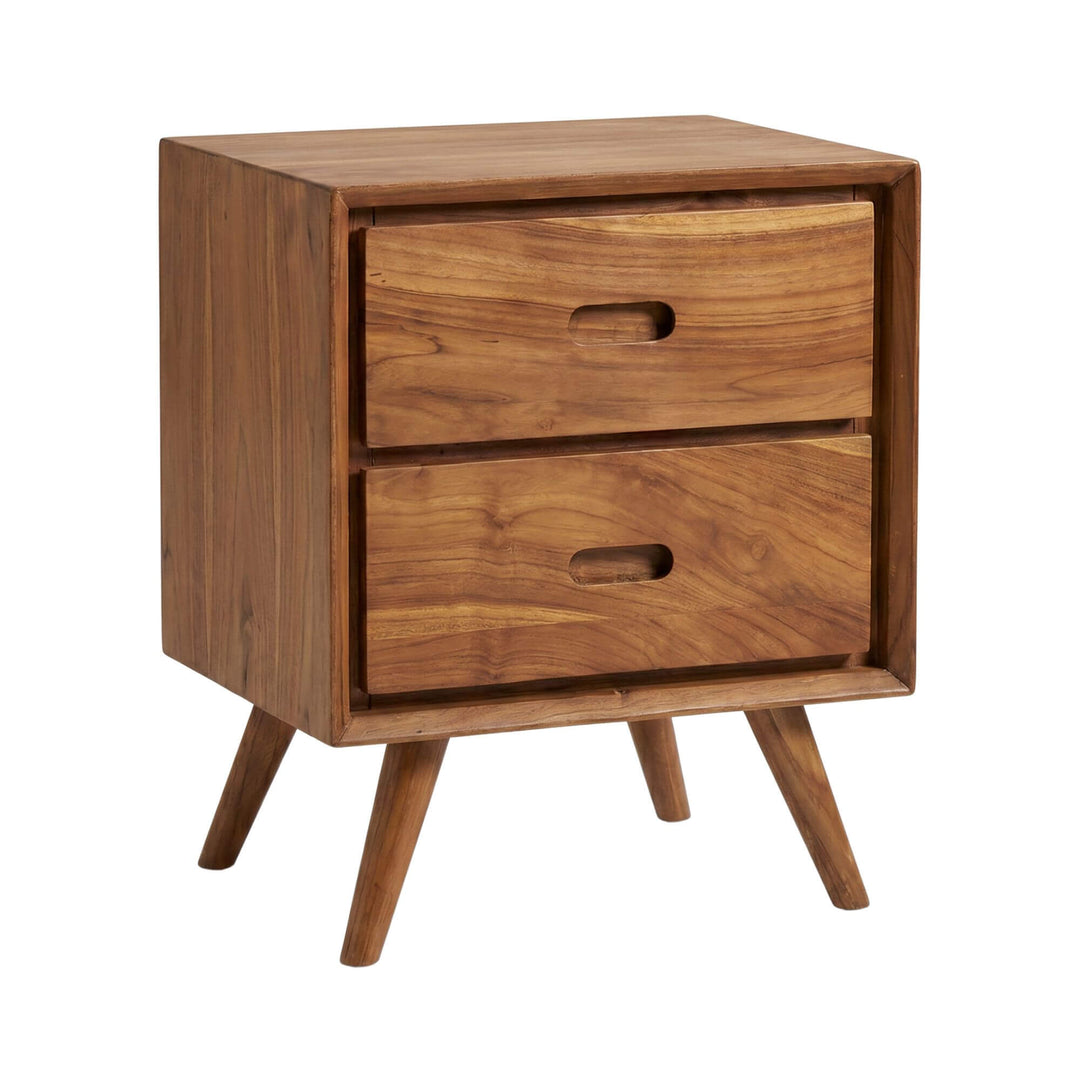 Front view of the Lotus bedside table showing its two drawers, angled legs, and natural teak wood finish.