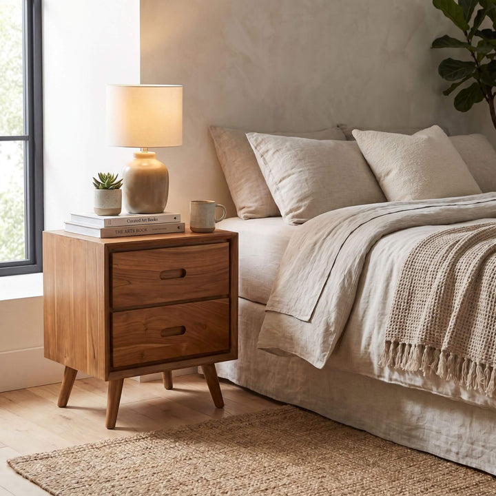 Styled bedroom setting featuring the Lotus bedside table beside a bed in a warm natural interior.