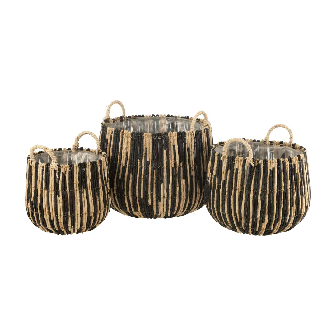 Set of Lovina Baskets in natural and black banana leaf, three sizes.