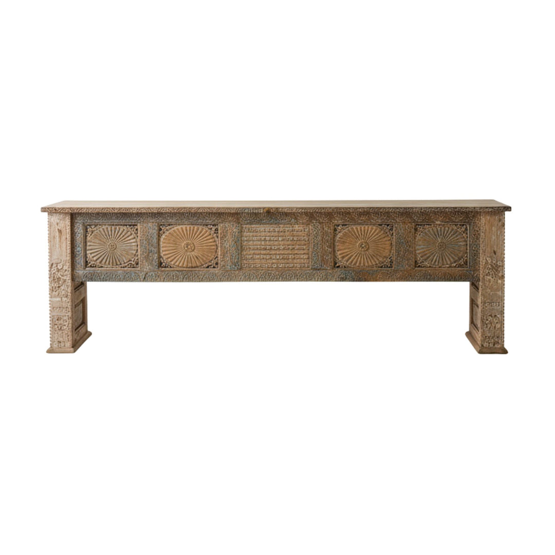 Luanda Console made from reclaimed wood with carved decorative panels.