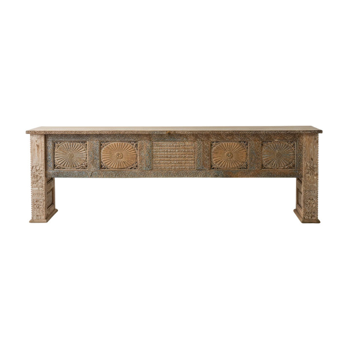 Luanda Console made from reclaimed wood with carved decorative panels.