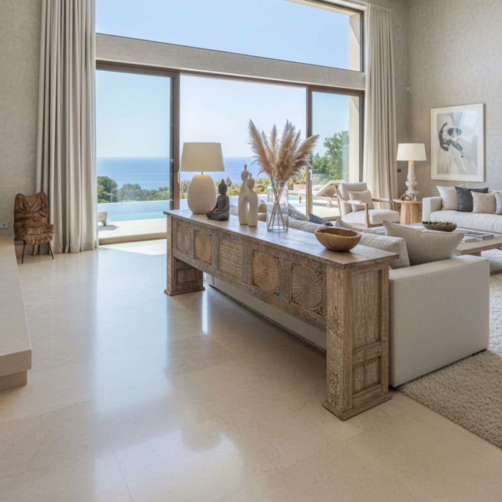 Luanda Console made from reclaimed wood with carved decorative panels.