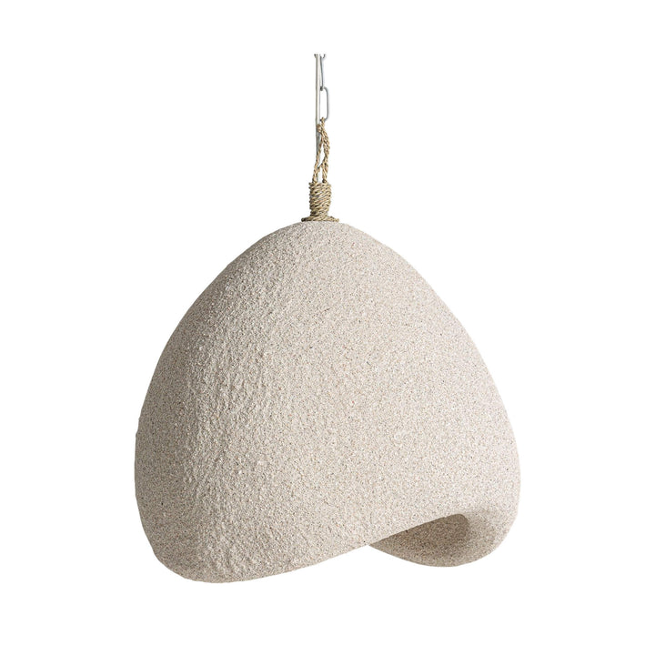 Front angled view of the Lua ceiling lamp with a sculptural off-white textured resin shade