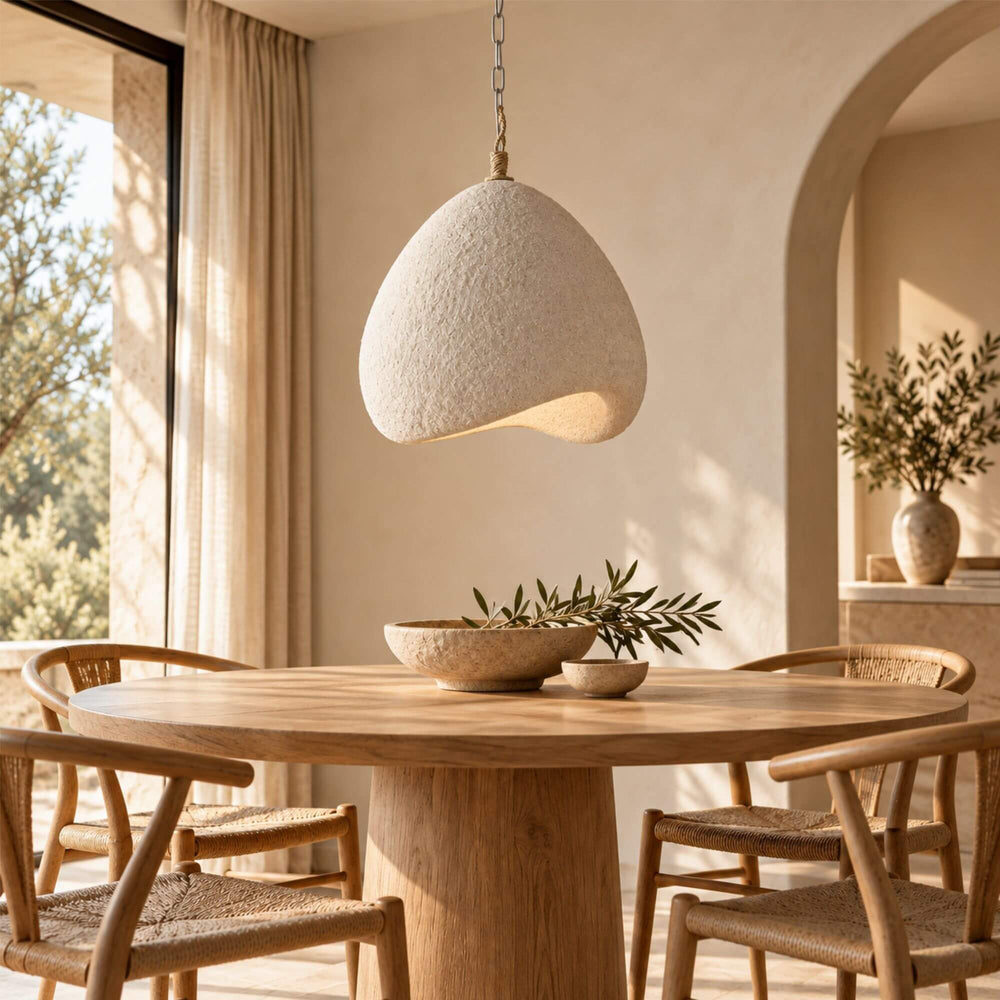 Lua resin ceiling lamp suspended above a wooden dining table in a warm Mediterranean-inspired interior