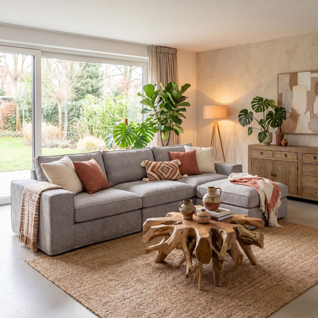 Styled living room setting featuring the Lucca sofa in a warm natural interior with contemporary decor.