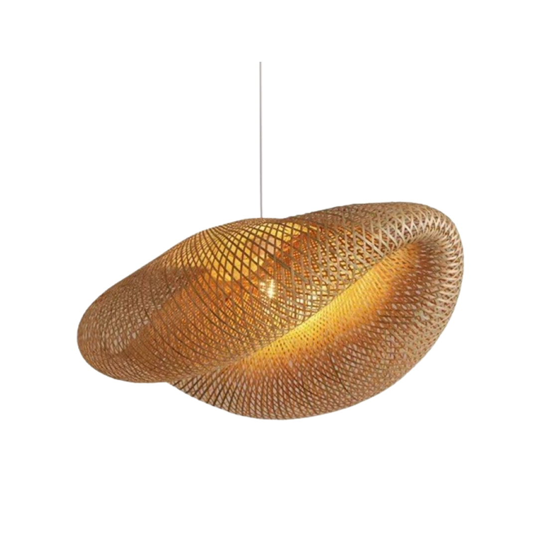 Handwoven Luma rattan ceiling lamp with sculptural organic shape, front view.