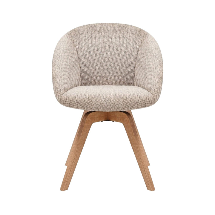 Front view of the Lume dining chair showing its curved upholstered seat and ash wood legs.