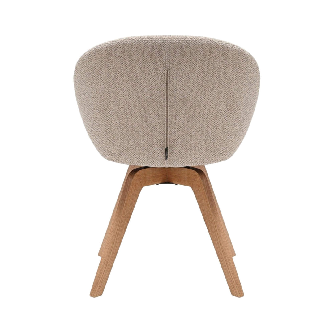 Rear view emphasizing the rounded backrest and solid wood leg structure.