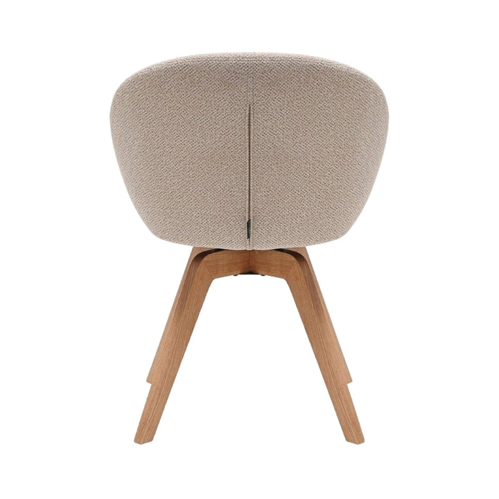 Rear view emphasizing the rounded backrest and solid wood leg structure.