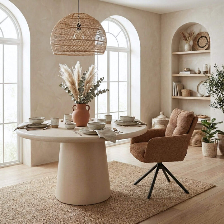 Styled dining room setting featuring the Luna table with upholstered chairs and warm neutral decor.