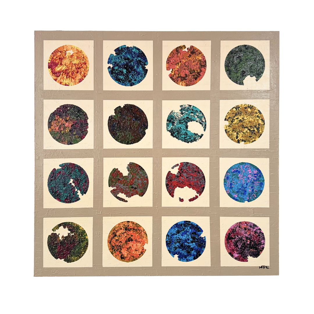 Luna canvas painting showing its grid of circular colorful designs on a beige background
