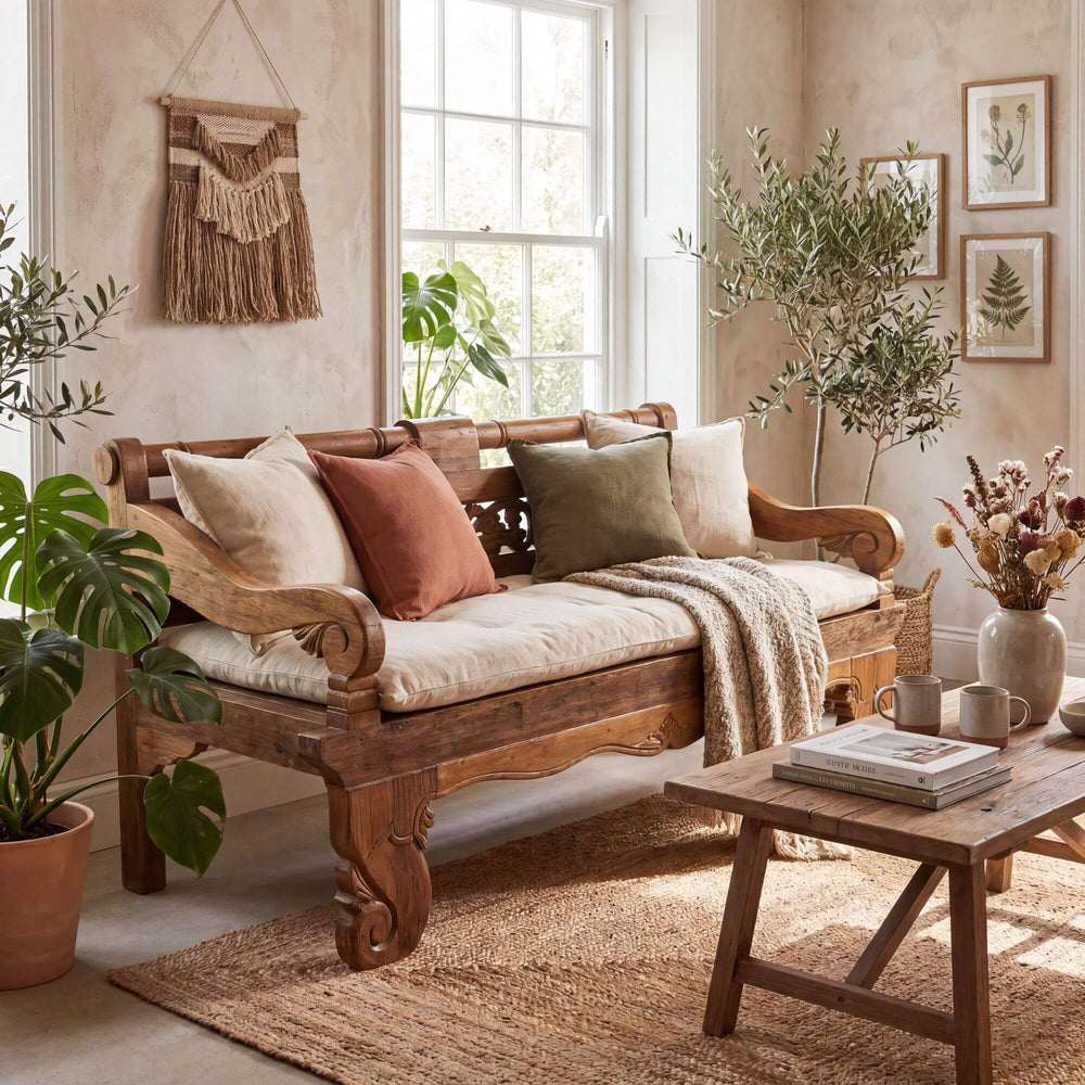 Styled interior setting featuring the Luna daybed in a warm natural living space with cushions and layered textiles.