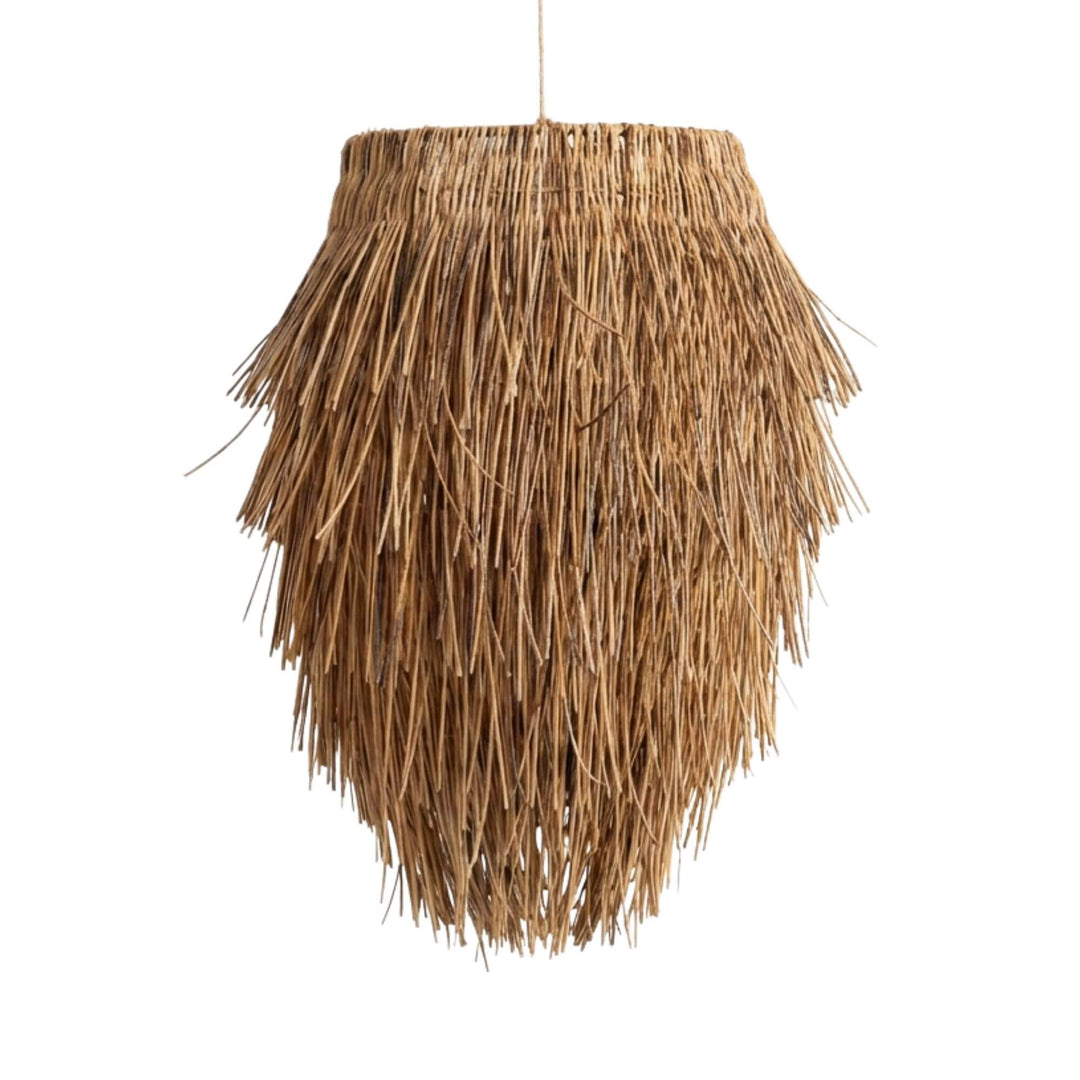 Front view of the Lutulu ceiling lamp showcasing its layered fringed rattan design.