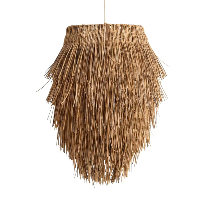 Front view of the Lutulu ceiling lamp showcasing its layered fringed rattan design.