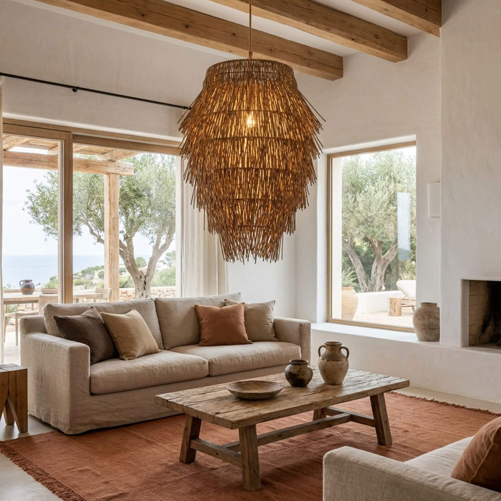 Front view of the Lutulu ceiling lamp showcasing its layered fringed rattan design.