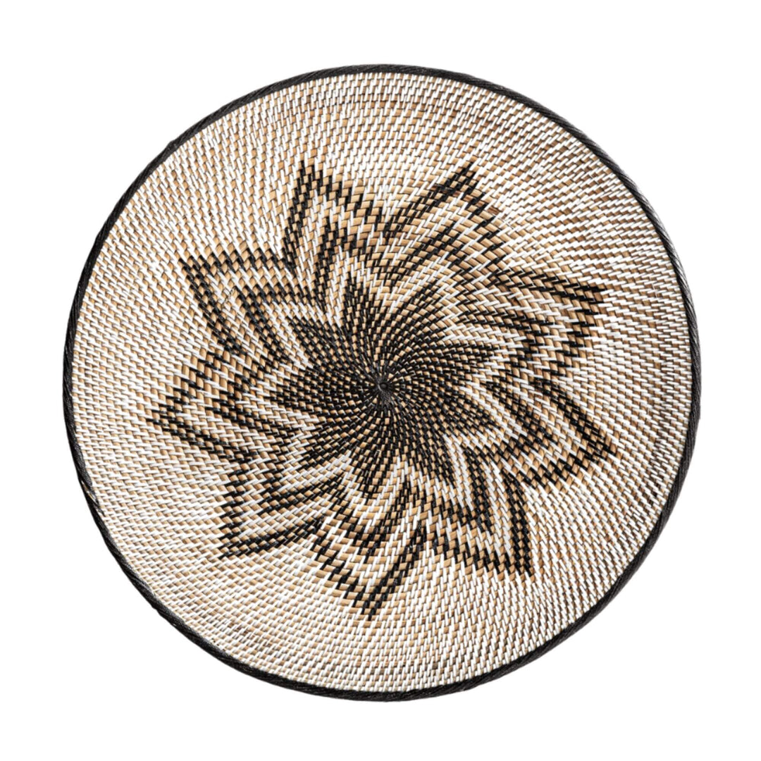 Lyra Collection Plate B handwoven rattan wall decor with geometric black star design.