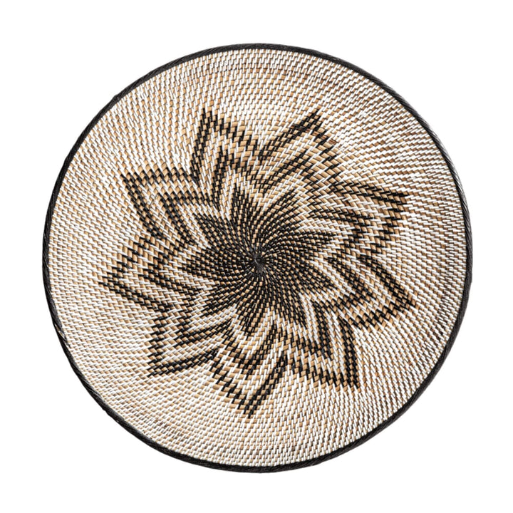 Lyra Collection Plate B handwoven rattan wall decor with geometric black star design.