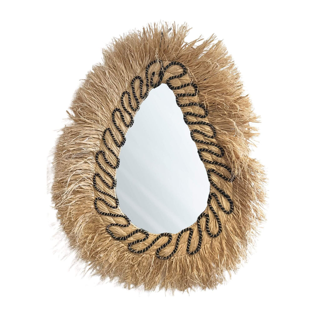 Lautan Mirror with teardrop shape, handwoven abaca frame, and black braided accents