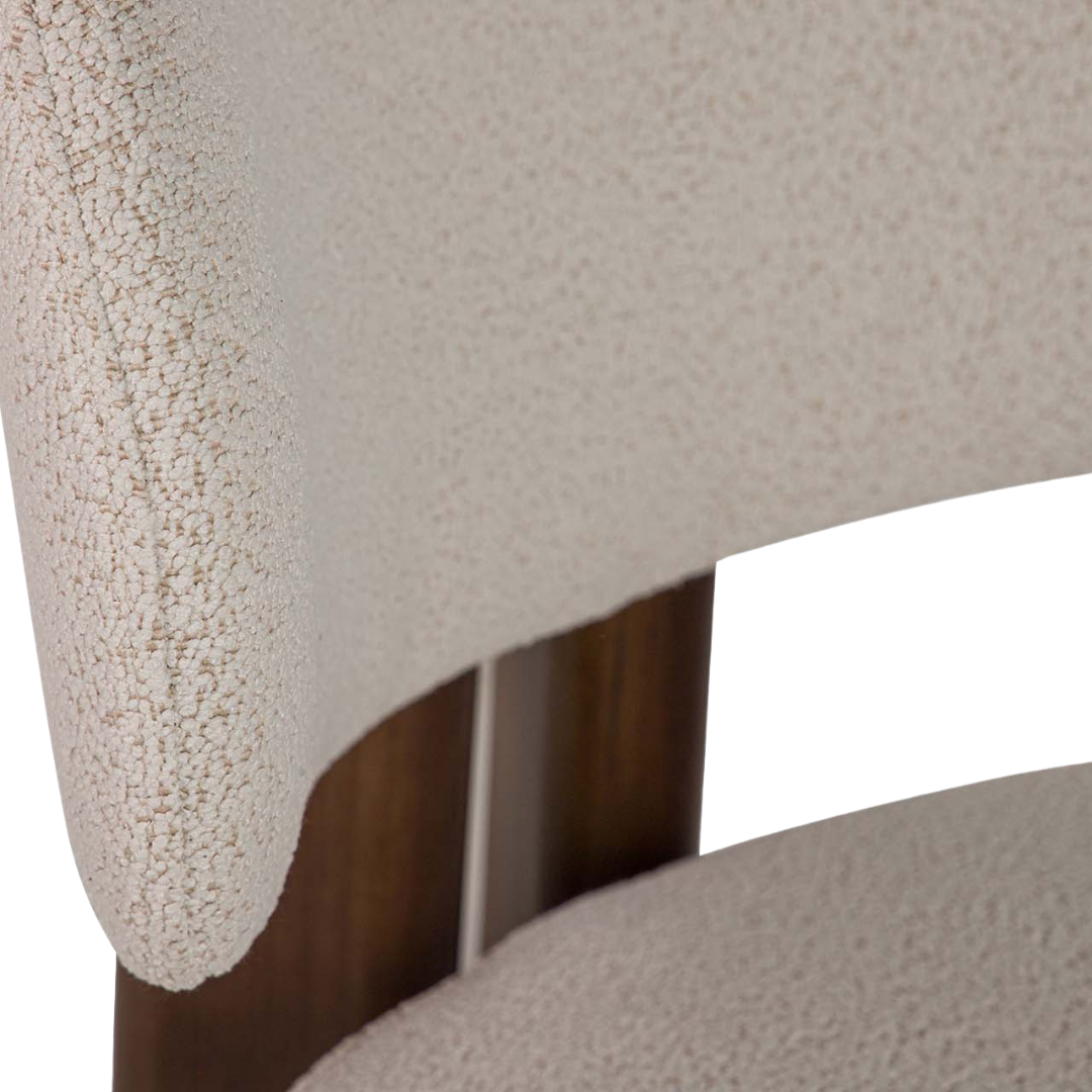 Close-up of backrest connection and wood grain on Lina dining chair
