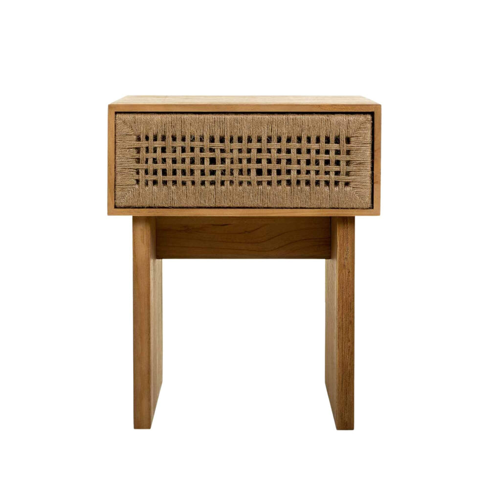 Front view of the Madura bedside table showing its rectangular wooden form and woven jute drawer