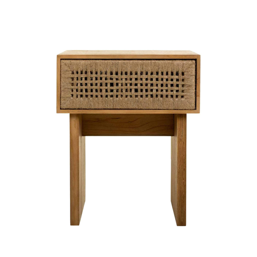 Front view of the Madura bedside table showing its rectangular wooden form and woven jute drawer