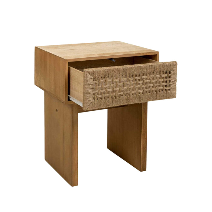 Angled view of the Madura bedside table with the drawer open revealing practical interior storage