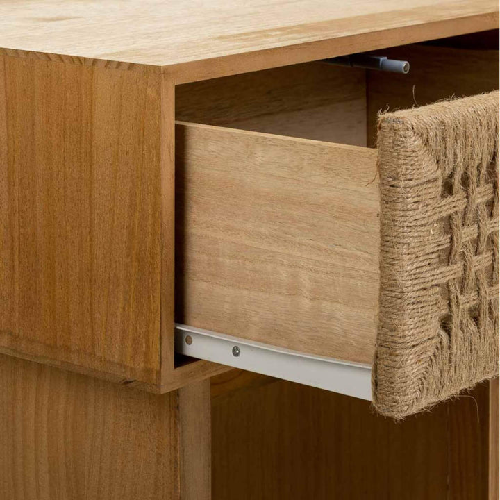 Close-up of the Madura bedside table showing the drawer construction and natural wood interior