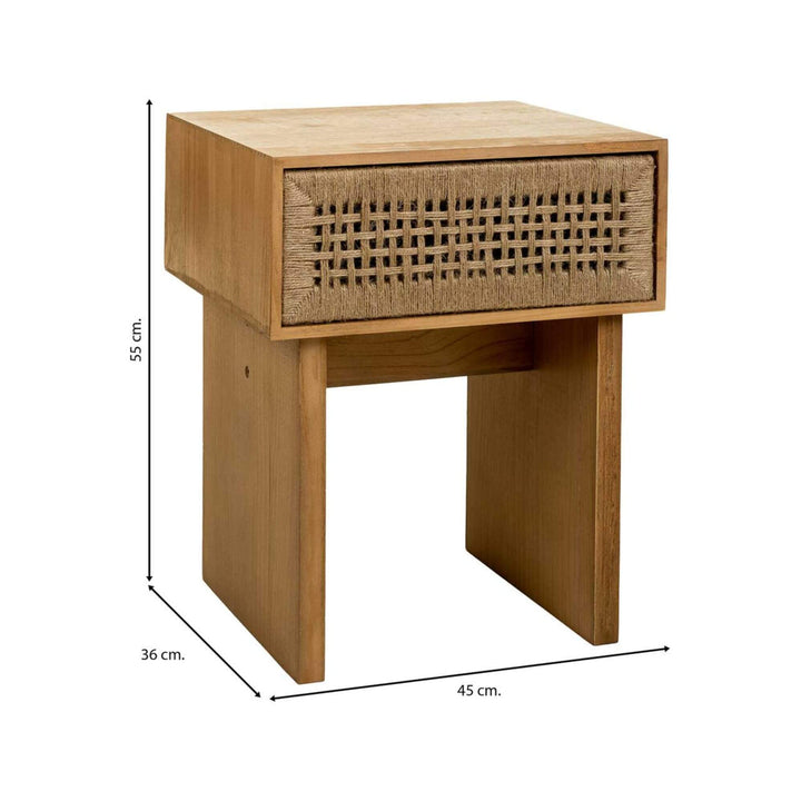1. Madura bedside table with dimensions showing its compact natural wood and jute design
