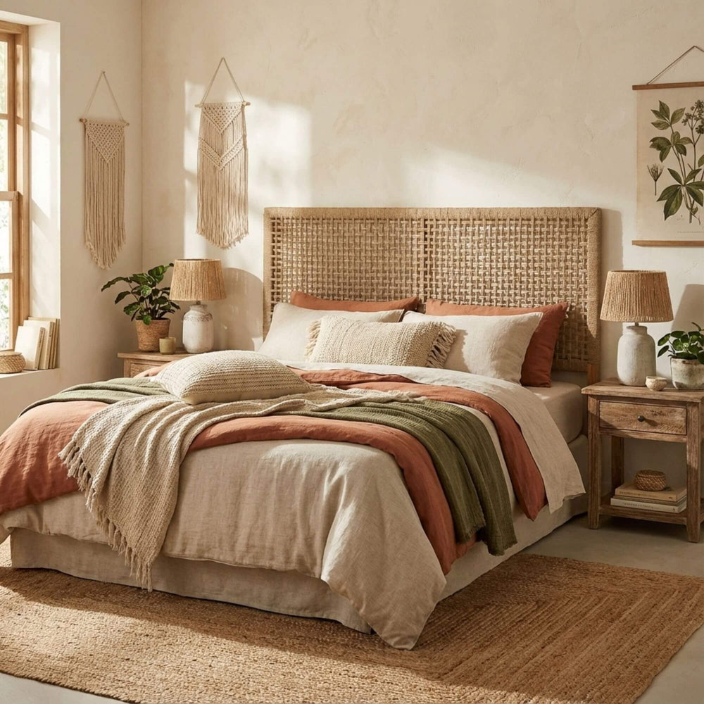 Styled bedroom view of the Madura Headboard showcasing its woven jute panel and wooden frame.