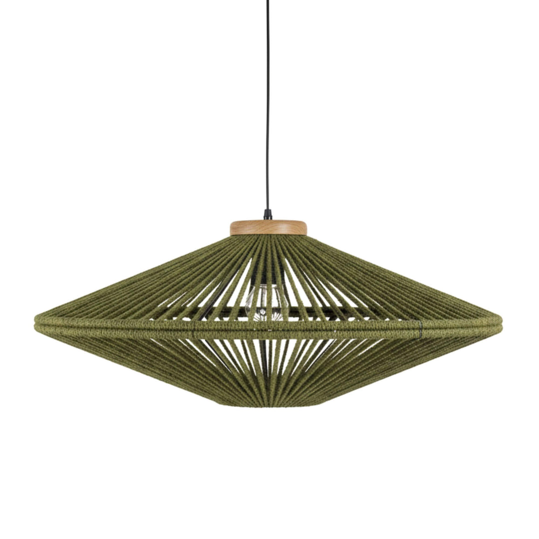 Front view of the large Magna ceiling lamp in natural green fibres and wood.