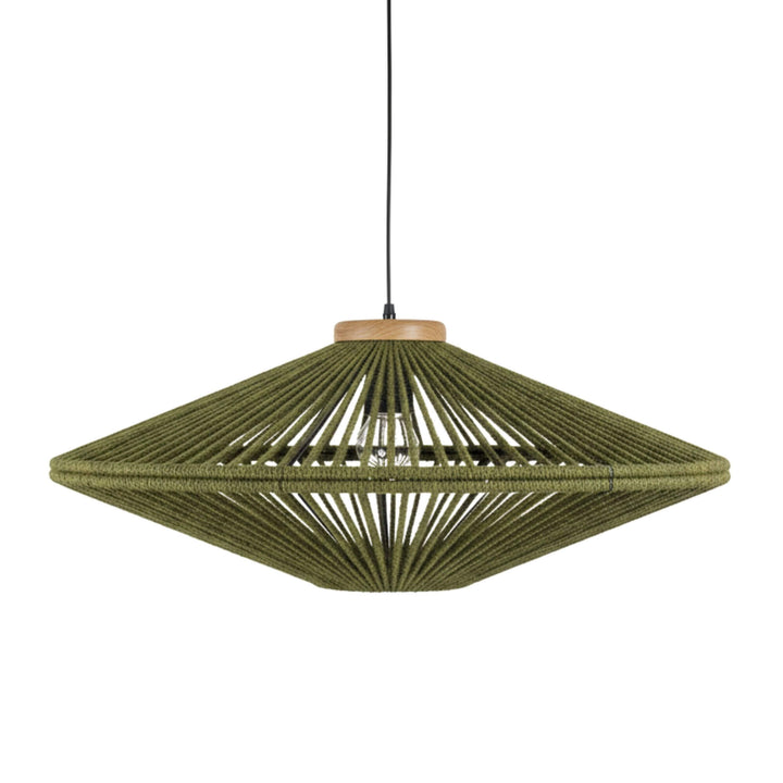 Front view of the large Magna ceiling lamp in natural green fibres and wood.