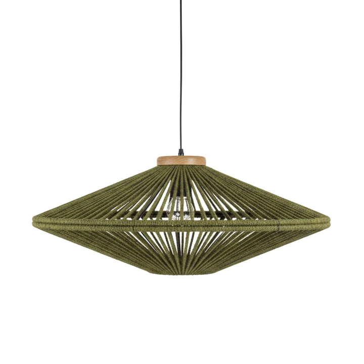 Front view of the small Magna ceiling lamp in natural green fibres and wood.