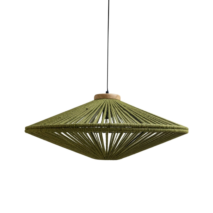 Front view of the medium Magna ceiling lamp in natural green fibres and wood.