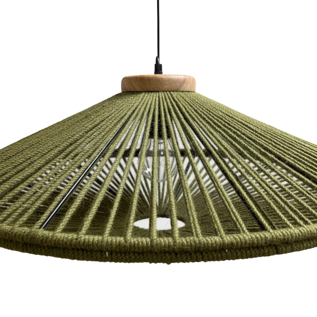 Close-up of the woven natural fibres and wooden top of the Magna lamp.