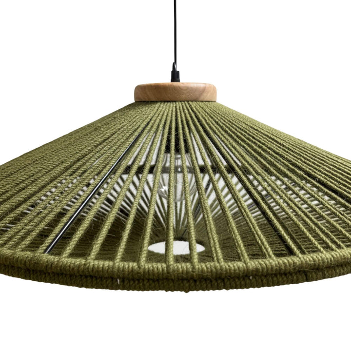 Close-up of the woven natural fibres and wooden top of the Magna lamp.