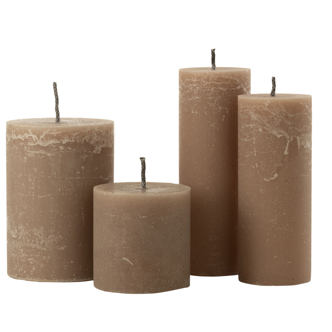 Group of Mahe Brown Outdoor Candles in assorted sizes made of rustic paraffin.